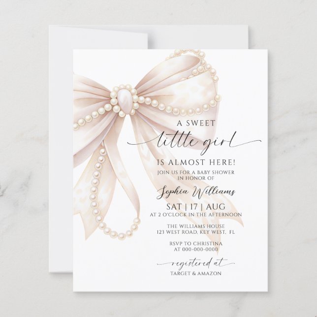 Invitation Baby Shower Fille Ruban et Perle de Lux (Devant)