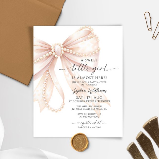 Invitation Baby Shower Fille Ruban et Perle de Lux (Créateur téléchargé)