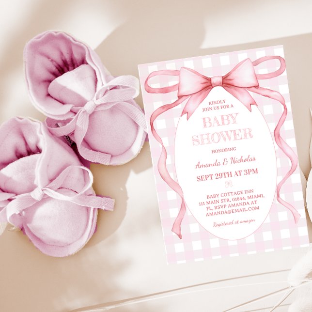 Invitation Baby Shower Fille Ruban Gingham Rose  (Créateur téléchargé)