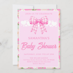 Invitation Baby shower Fille Ruban Gingham Rose Fleur Sauvage