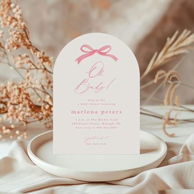 Invitation Baby Shower Fille Ruban Rose Élégant (Simple hand painted pink bow script girls baby shower invitation.)