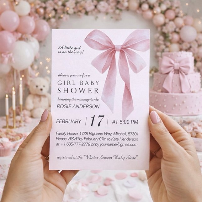 Invitation Baby Shower Fille Ruban Rose Tendre (Soft Pink Bow Girl Baby Shower Invitation)