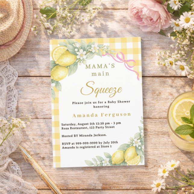 Invitation Baby shower fille ruban rose vichy citron (Créateur téléchargé)