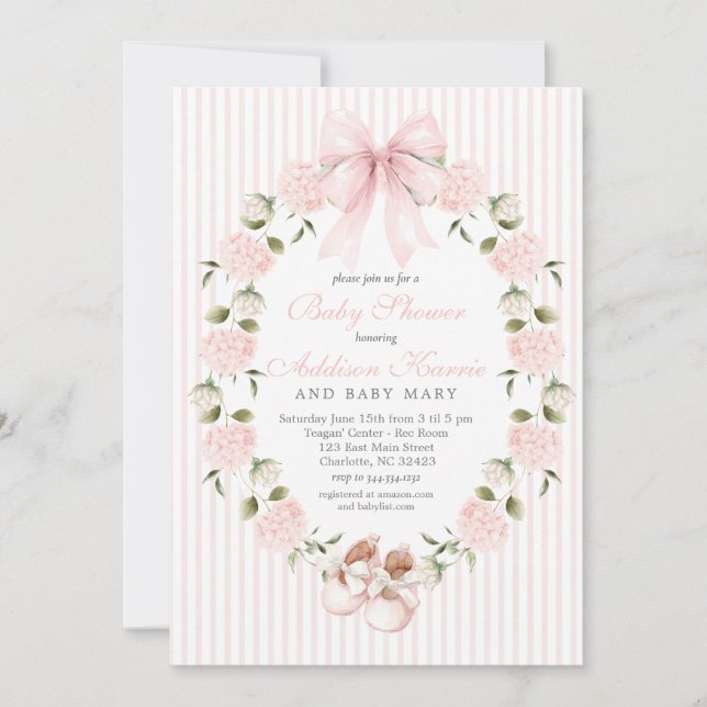 Invitation Baby Shower Fille Ruban Rose Vintage  (Devant)