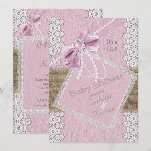 Invitation Baby Shower Fille Rustique Rose Bow Perle Dentelle