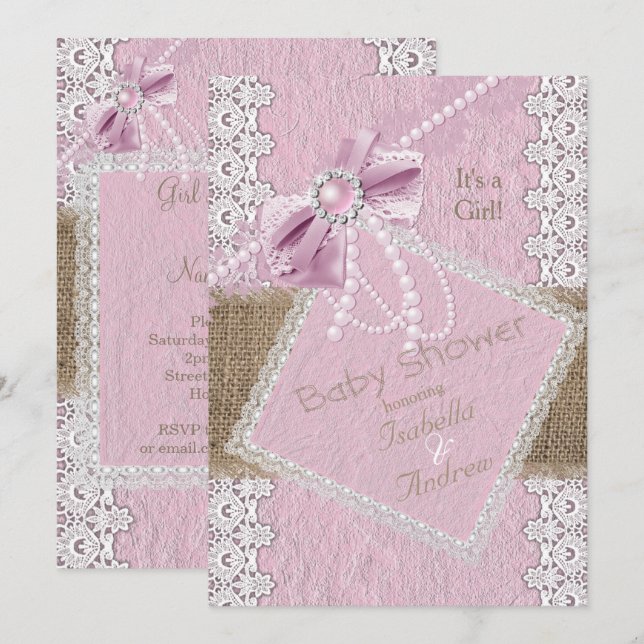 Invitation Baby Shower Fille Rustique Rose Bow Perle Dentelle (Devant / Derrière)