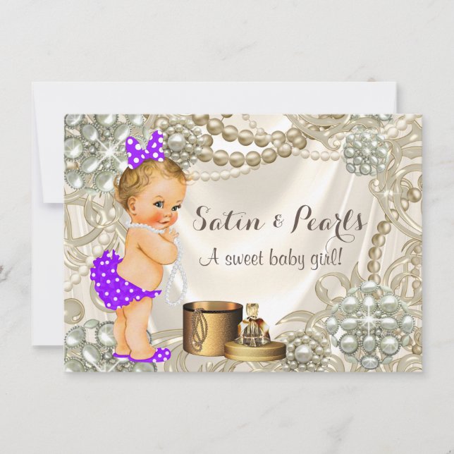Invitation Baby Shower Fille Satin Perle Violet (Devant)