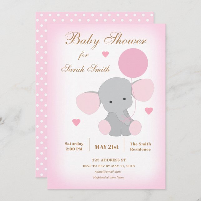 Invitation Baby shower fille saupoudrer l'invitation éléphant (Devant / Derrière)