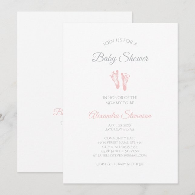 Invitation Baby shower Fille Simple Precious Empreintes roses (Devant / Derrière)