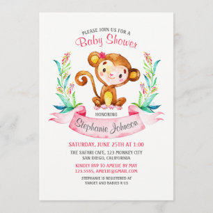Invitation Baby shower fille singe aquarelle