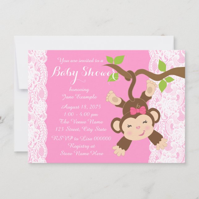 Invitation Baby Shower Fille Singe Dentelle Rose (Devant)