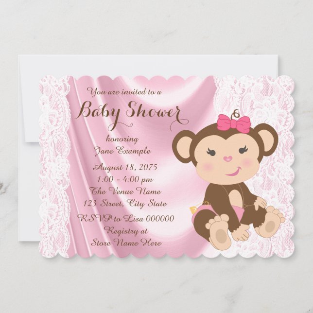 Invitation Baby Shower Fille Singe Dentelle Rose (Devant)