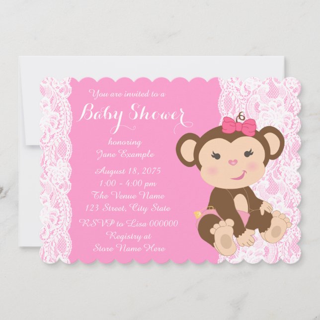 Invitation Baby Shower Fille Singe Dentelle Rose (Devant)