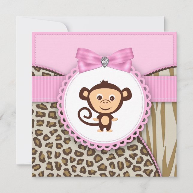 Invitation Baby Shower Fille Singe Rose Élégant (Devant)