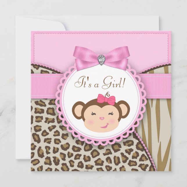 Invitation Baby Shower Fille Singe Rose Élégant (Devant)