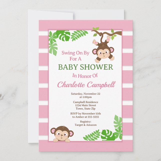 Invitation Baby shower Fille Singe, Singe Rose Dan (Devant)