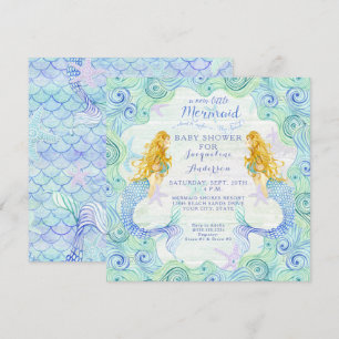 Invitation Baby shower fille sirène aquarelle Waves Wood Art