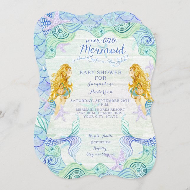 Invitation Baby shower fille sirène aquarelle Waves Wood Art (Devant / Derrière)
