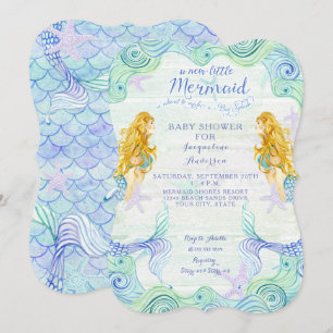 Invitation Baby shower fille sirène aquarelle Waves Wood Art