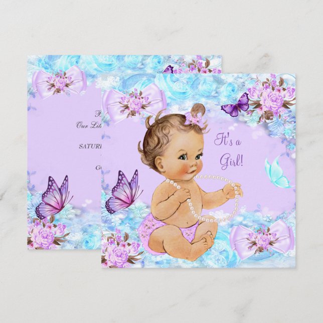 Invitation Baby Shower Fille Teal Violet Papillon Brunette (Devant / Derrière)