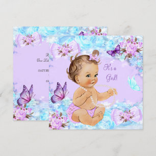 Invitation Baby Shower Fille Teal Violet Papillon Brunette