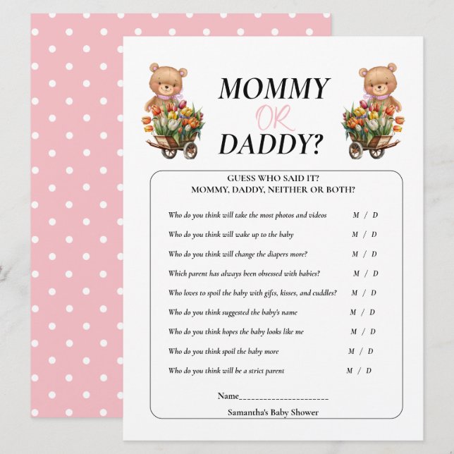 Invitation Baby shower Fille Teddy Maman Papa Floral Rustique (Devant / Derrière)