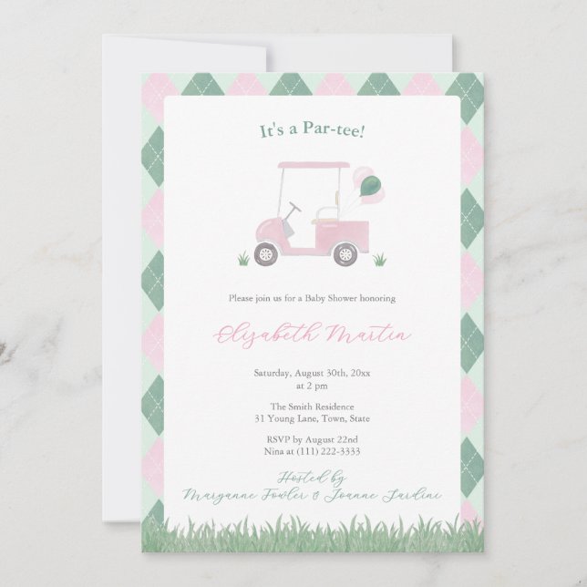 Invitation Baby Shower Fille Thème Golf Rose Et Vert Mignon (Devant)