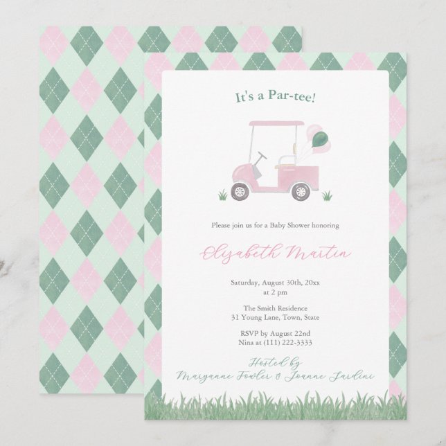 Invitation Baby Shower Fille Thème Golf Rose Et Vert Mignon (Devant / Derrière)