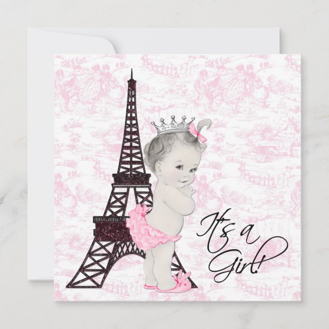 Invitation Baby Shower Fille Toile de Paris Rose (Devant)
