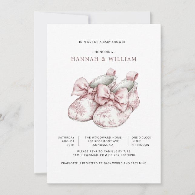 Invitation Baby Shower Fille Toile Rose (Devant)