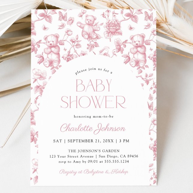 Invitation Baby shower Fille Toile Rose-Blanc (Blush Pink Floral Toile Girl Baby Shower Invitation)