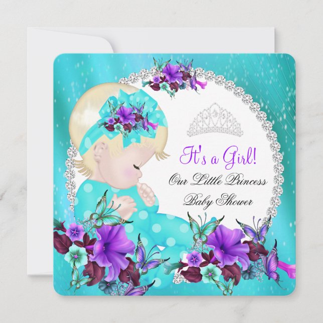 Invitation Baby shower fille Turquoise bleu pourpre floral 3 (Devant)