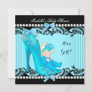 Invitation Baby shower fille Turquoise Blue Chaussure Blonde