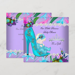 Invitation Baby shower fille Turquoise violet floral Chaussur
