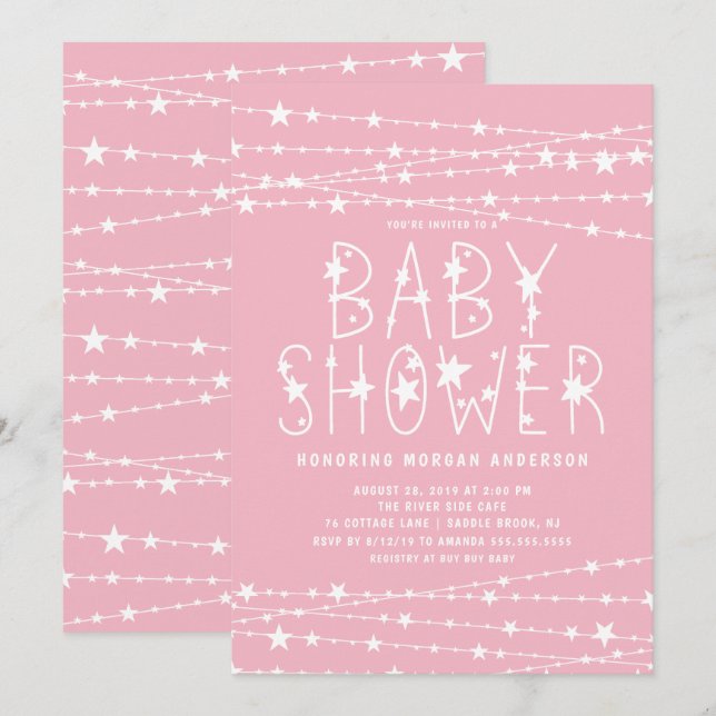 Invitation Baby shower fille Twinkle Stars (Devant / Derrière)