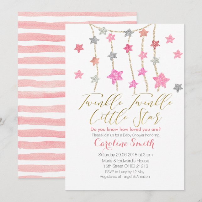 Invitation Baby shower fille Twinkle Stars (Devant / Derrière)