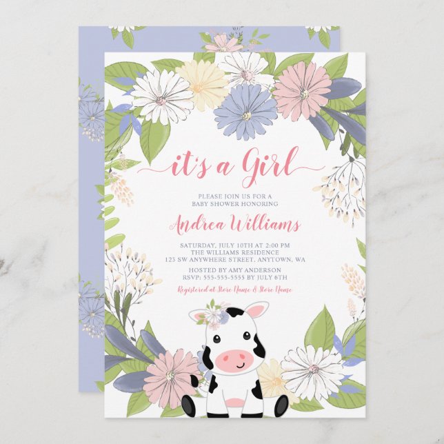 Invitation Baby shower Fille Vache de couronne flo (Devant / Derrière)