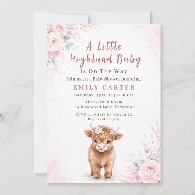 Invitation Baby Shower Fille Vache des Highlands (Devant)