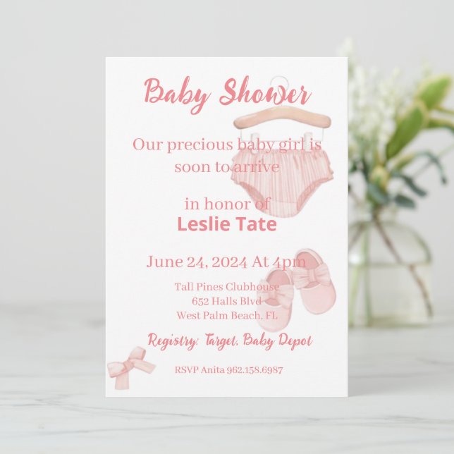 Invitation Baby shower Fille Vêtements Roses Chaussures (Debout devant)