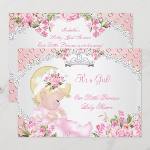 Invitation Baby Shower Fille Vintage Rose Florale Cœurs Roses