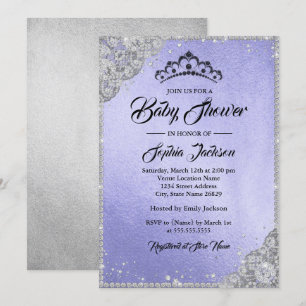 Invitation Baby Shower Fille Violet Argent Dentelle de Diaman
