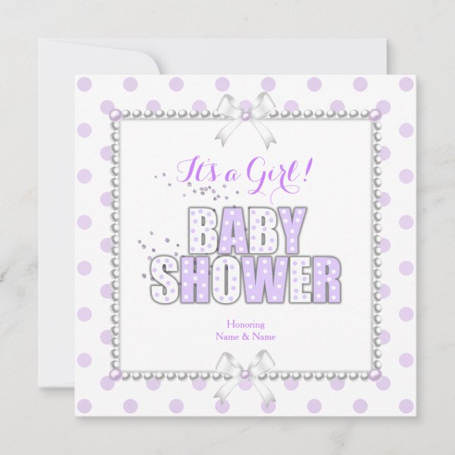 Invitation Baby shower fille violet blanc Pois perles (Devant)