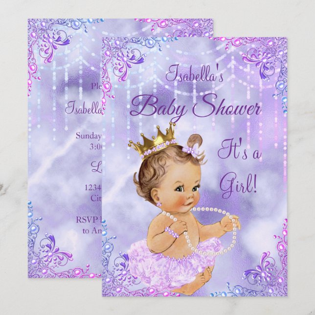 Invitation Baby Shower Fille Violet Lilas Perle Brunette (Devant / Derrière)
