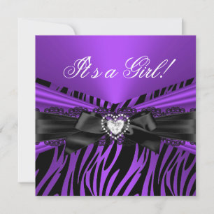 Invitation Baby Shower Fille Violet Noir Dentelle Zèbre