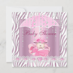 Invitation Baby Shower Fille Zèbre Bébé Rose Parapluie Blanc