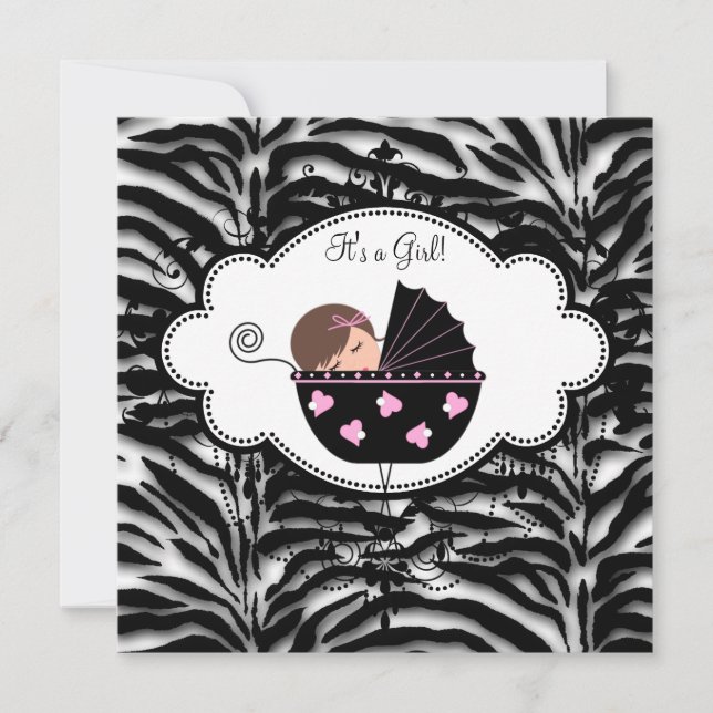 Invitation Baby Shower Fille Zèbre Rose Noir (Devant)