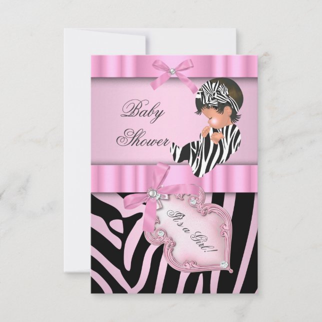 Invitation Baby Shower Fille Zèbre Rose noir (Devant)