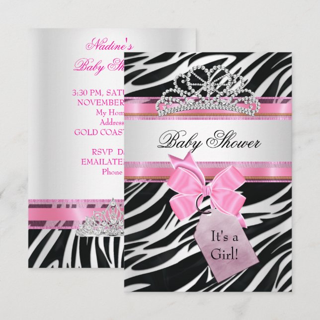 Invitation Baby Shower Fille Zèbre Rose Princesse Diadème (Devant / Derrière)