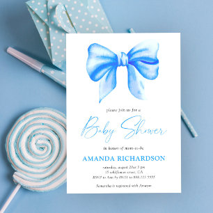 Invitation Baby-Shower Filleau Thème Ruban Aquarelle Bleue