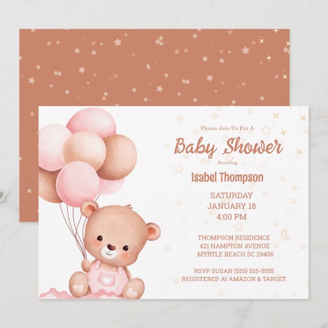 Invitation Baby shower Filles Boloon Ours Teddy (Devant / Derrière)